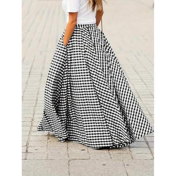 Women's Elegant Plaid Mid-Length High Waist Flared Skirt With Draping Effect, Sp - Picture 3 of 4